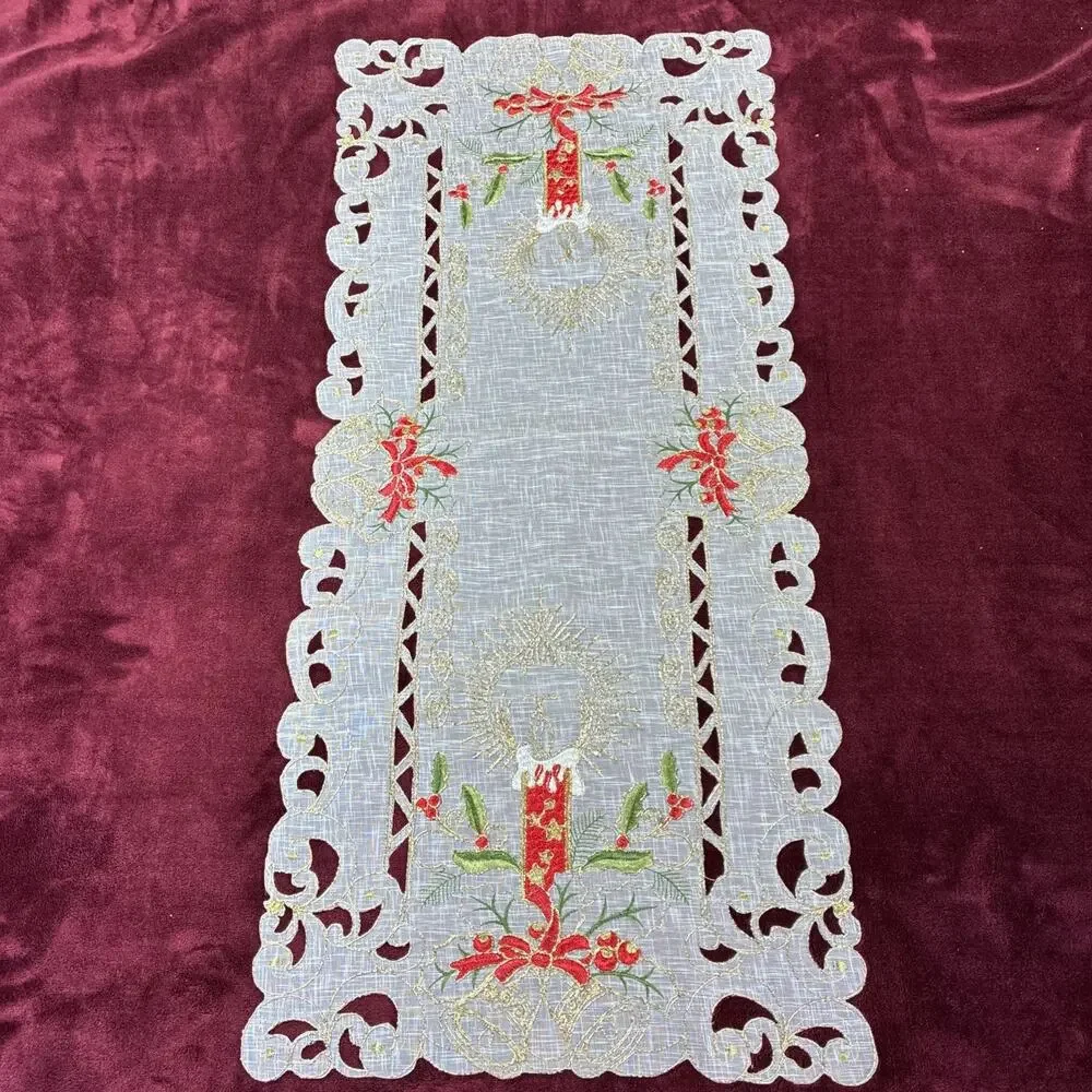 Holiday Christmas Candle Placemat Table Cloth Runner White 15x34